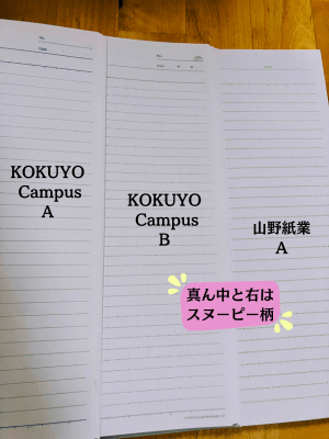 日記におすすめの大学ノート
左：KOKUYO campus A (7mm 30行）
真ん中：KOKUYO campus B(
6mm 35行）
右：山野紙業 (7mm 30行）